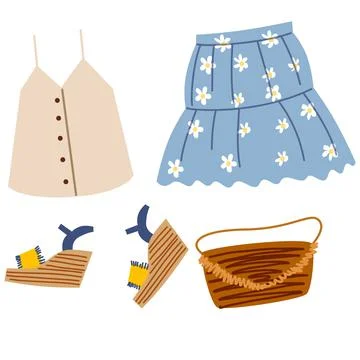 A set of boho outfits and various boho elements. Fashionable clothes, bag, skirt Illustrazione stock