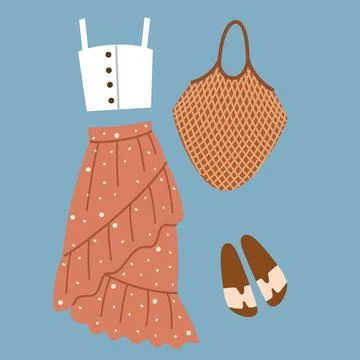 A set of boho outfits and various boho elements. Fashionable clothes, bag, skirt Illustrazione stock