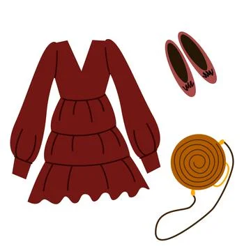 A set of boho outfits and various boho elements. Fashionable clothes, bag, dress Illustrazione stock