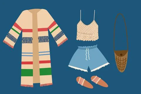 A set of boho outfits and various boho elements. Fashionable clothes, bag, top Stock Illustration