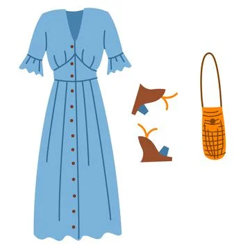 A set of boho outfits and various boho elements. Fashionable clothes, bag, dress Illustrazione stock