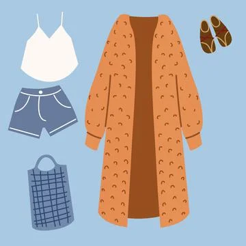 A set of boho outfits and various boho elements. Fashionable clothes, bag, top Stock Illustration