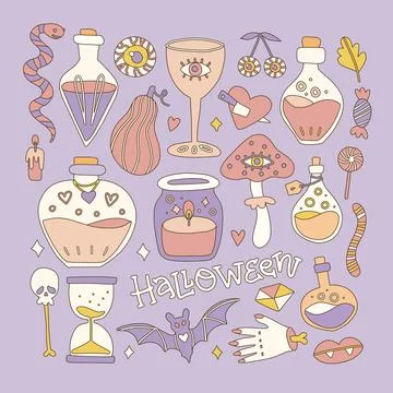 Set of boho style halloween elements, witchcraft, magic zombie hand, snake Illustrazione stock