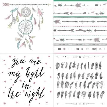 Set of boho style illustrations, patterns, letterimg. Stock Illustration