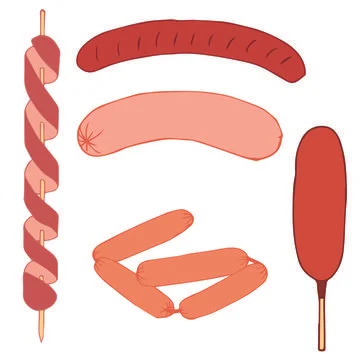 A set of boiled, fried, baked, barbecue, Bavarian sausages on a skewer in a c Stock Illustration