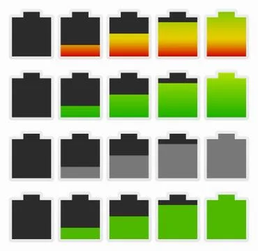 Set of bold battery level indicators. Recharge, energy conservation - consump Ilustración de archivo