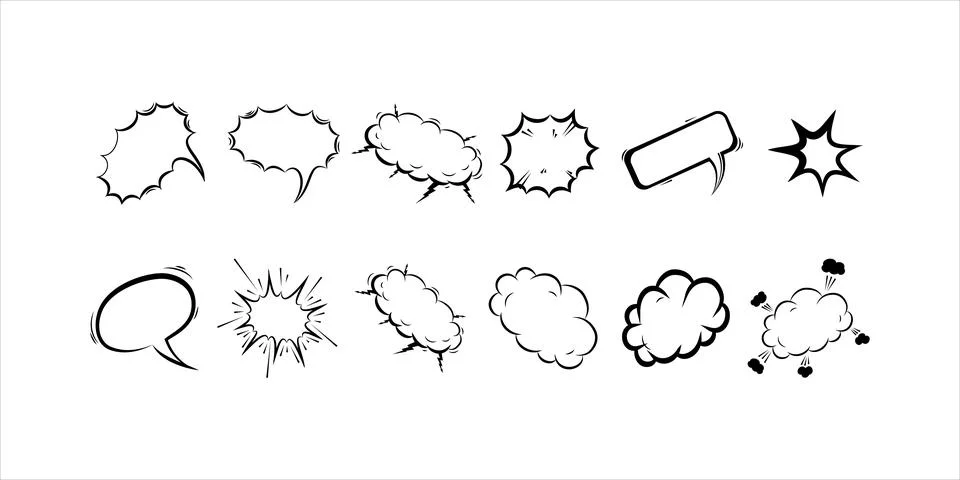 Set of bold comic speech bubbles in black and white. Ideal for retro comics,  Stock Illustration