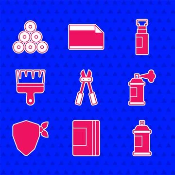 Set Bolt cutter, Spiral notebook, Paint spray can, Vandal, brush, Marker pen and Stock Illustration