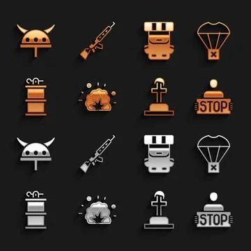 Set Bomb explosion, Box flying parachute, Stop war, Soldier grave, Hand smoke Stock Illustration