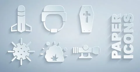 Set Bomb explosion, Coffin with cross, Naval mine, Sniper optical sight Illustrazione stock