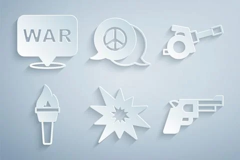 Set Bomb explosion, Howitzer, Torch flame, Pistol gun, Peace and The word war イラスト素材