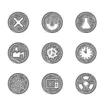 Set Bomb explosion, Microwave oven, Radioactive, Clock, Snowflake, Factory pr Stock Illustration