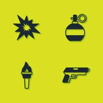 Set Bomb explosion, Pistol or gun, Torch flame and Hand grenade icon. Vector Stock Illustration