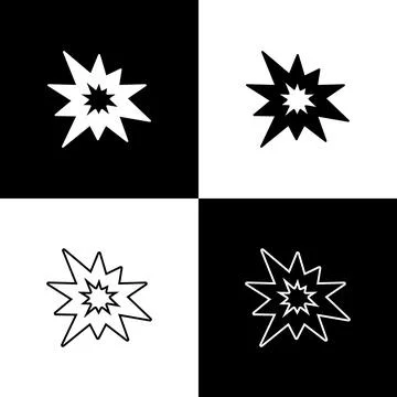 Set Bomb explosion with shrapnel and fireball icon isolated on black and wh.. 스톡 일러스트