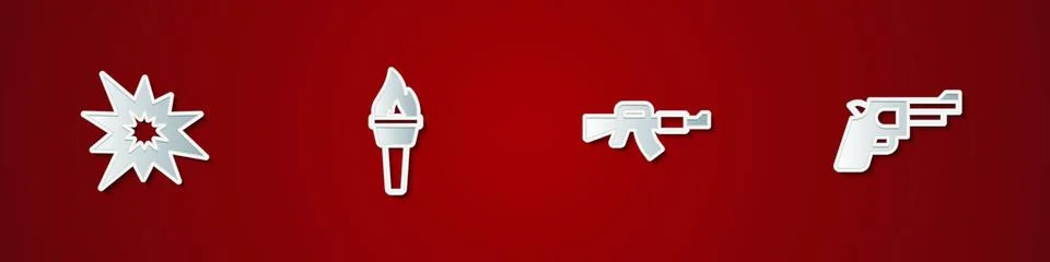 Set Bomb explosion, Torch flame, M16A1 rifle and Pistol gun icon. Vector イラスト素材
