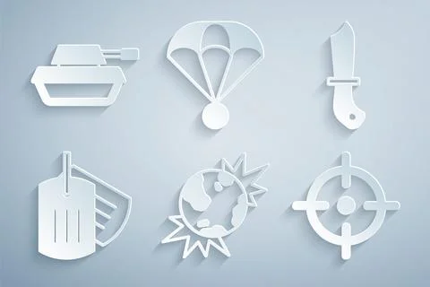 Set Bomb explosive planet earth, Military knife, dog tag, Target sport Stock Illustration