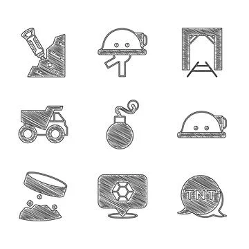 Set Bomb, Gem stone, Dynamite, Miner helmet, Giant magnet holding iron dust.. 스톡 일러스트