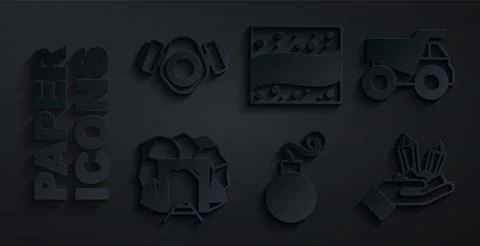 Set Bomb, Mining dump truck, Mine entrance, Gem stone, Gold mine and Gas mask Stock Illustration
