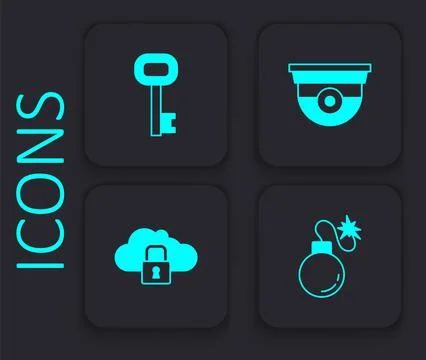 Set Bomb, Old key, Security camera and Cloud computing lock icon. Black square Stock Illustration