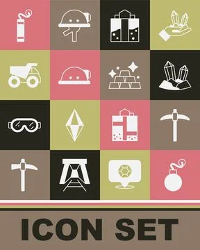 Set Bomb, Pickaxe, Gem stone, Mine entrance, Miner helmet, Mining dump truck Illustrazione stock