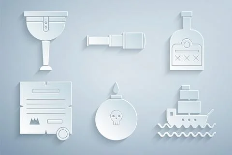 Set Bomb ready to explode, Alcohol drink Rum bottle, Decree, parchment, scroll Illustrazione stock