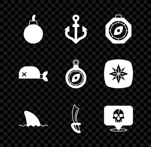 Set Bomb ready to explode, Anchor, Compass, Shark fin in ocean wave, Pirate Stock Illustration