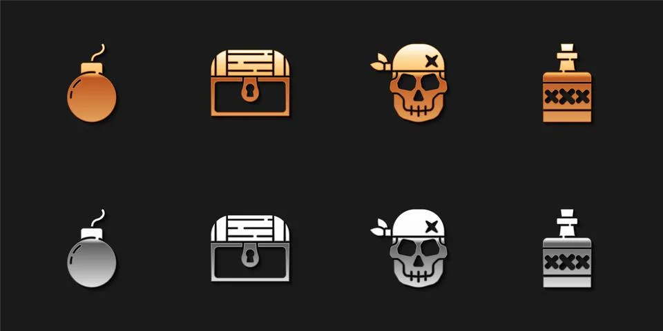 Set Bomb ready to explode, Antique treasure chest, Skull and Alcohol drink Rum Stockillustratie