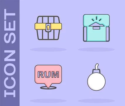 Set Bomb ready to explode, Antique treasure chest, Alcohol drink Rum and icon Stock Illustration
