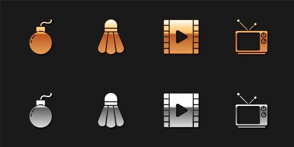 Set Bomb ready to explode, Badminton shuttlecock, Play Video and Retro tv icon 스톡 일러스트