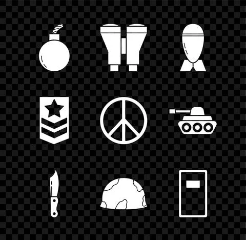 Set Bomb ready to explode, Binoculars, Aviation bomb, Military knife, helmet 스톡 일러스트