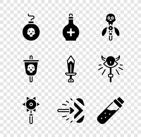Set Bomb ready to explode, Bottle with potion, Magic staff, Medieval chained Illustrazione stock