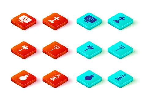 Set Bomb ready to explode, Camping lantern, Wooden axe, Neptune Trident Illustrazione stock