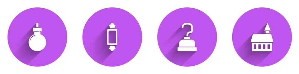 Set Bomb ready to explode, Candy, Pirate hook and Castle icon with long shadow Illustrazione stock