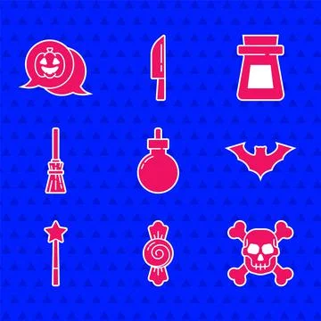 Set Bomb ready to explode, Candy, Skull on crossbones, Flying bat, Magic wand Illustration