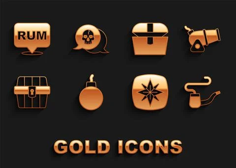 Set Bomb ready to explode, Cannon, Smoking pipe, Wind rose, Antique treasure Stockillustratie