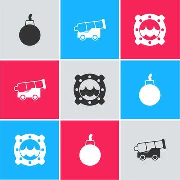 Set Bomb ready to explode, Cannon and Ship porthole with seascape icon. Vecto 스톡 일러스트