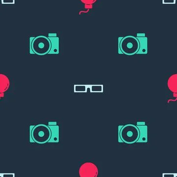 Set Bomb ready to explode, Cinema glasses and Photo camera on seamless pattern Illustrazione stock