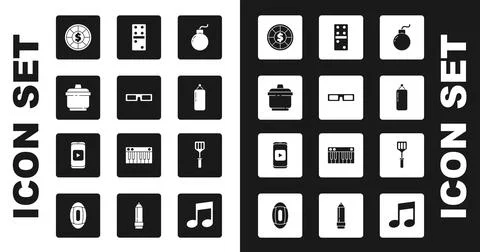 Set Bomb ready to explode, Cinema glasses, Cooking pot, Casino chips, Punchin Stock Illustration
