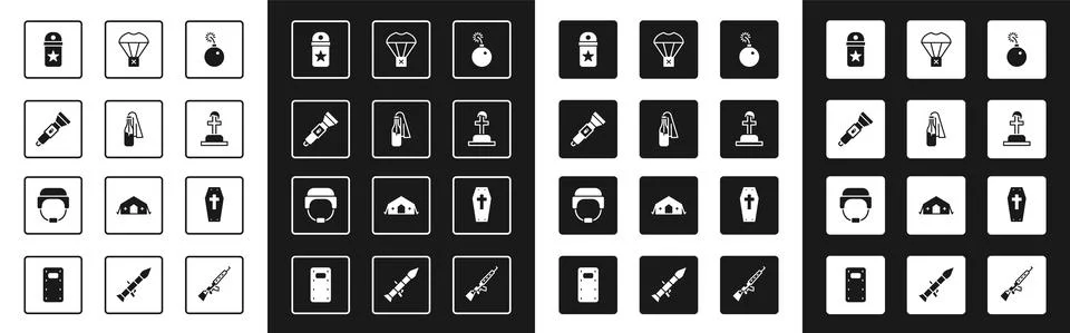 Set Bomb ready to explode, Cocktail molotov, Flashlight, Chevron, Soldier grave Illustrazione stock