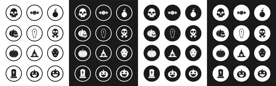 Set Bomb ready to explode, Coffin with christian cross, Pumpkin and skull, Skull 스톡 일러스트