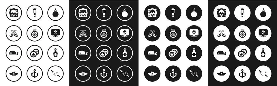 Set Bomb ready to explode, Compass, Crossed pirate swords, Ship porthole with Stock Illustration