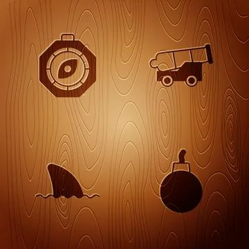 Set Bomb ready to explode, Compass, Shark fin in ocean wave and Cannon on wooden 스톡 일러스트