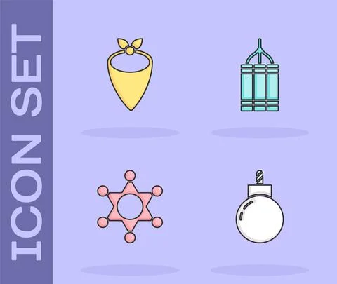 Set Bomb ready to explode, Cowboy bandana, Hexagram sheriff and Dynamite bomb Stock Illustration