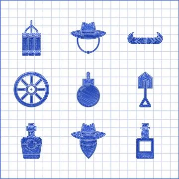 Set Bomb ready to explode, Cowboy, Tequila bottle, Shovel, Old wooden wheel.. Stockillustratie