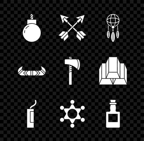 Set Bomb ready to explode, Crossed arrows, Dream catcher with feathers, Dynamite Stockillustratie