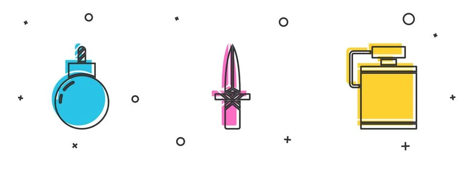 Set Bomb ready to explode, Dagger and Canteen water bottle icon. Vector Stock Illustration