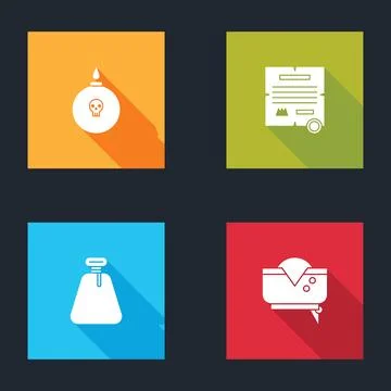 Set Bomb ready to explode, Decree, parchment, scroll, Pirate sack and hat icon Illustrazione stock