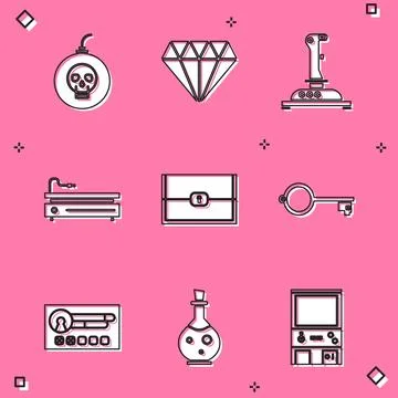 Set Bomb ready to explode, Diamond, Joystick for arcade machine, Video game.. Stock Illustration