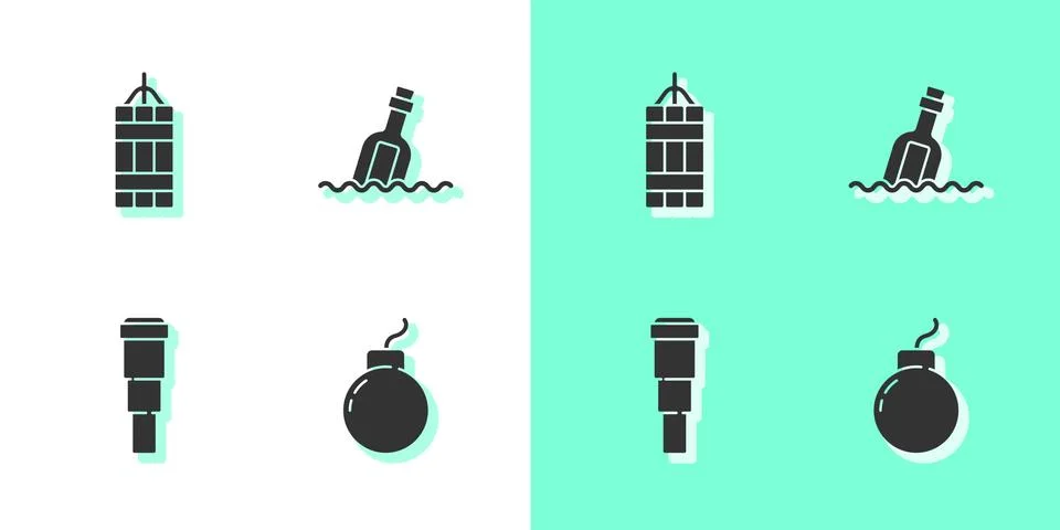 Set Bomb ready to explode, Dynamite bomb, Spyglass telescope lens and Bottle Stock Illustration