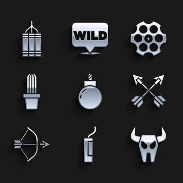 Set Bomb ready to explode, Dynamite bomb, Buffalo skull, Crossed arrows, Bow and Illustrazione stock